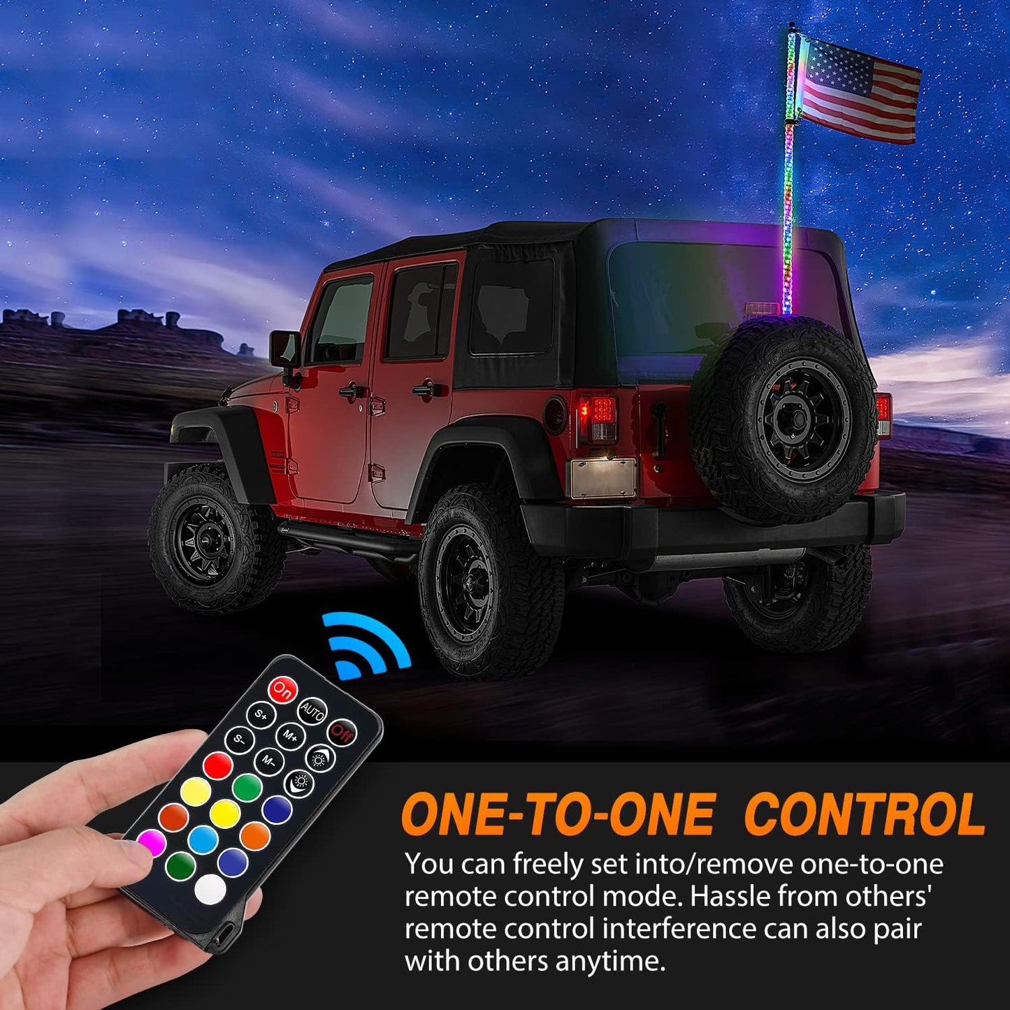2PCS 3FT Spiral RGB Led Whip Light w/RGB Chasing Light RF Remote Control