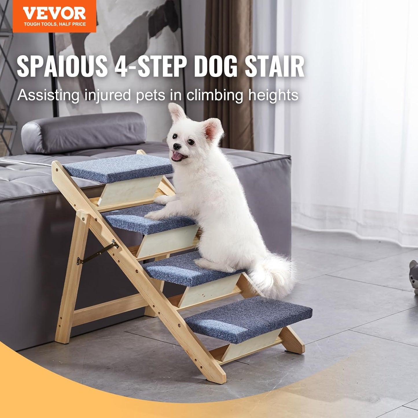 Wood Dog Stairs/Ramp 4-Step 2-in-1 Foldable Pet Steps