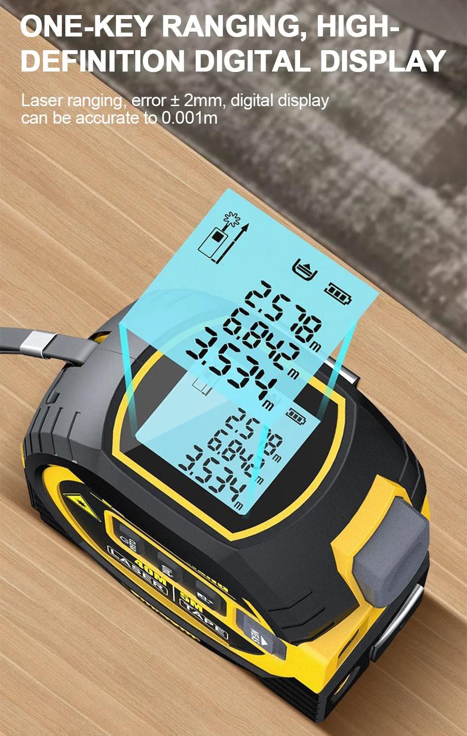 3-in-1 Laser Tape Measure – 60m Laser Rangefinder