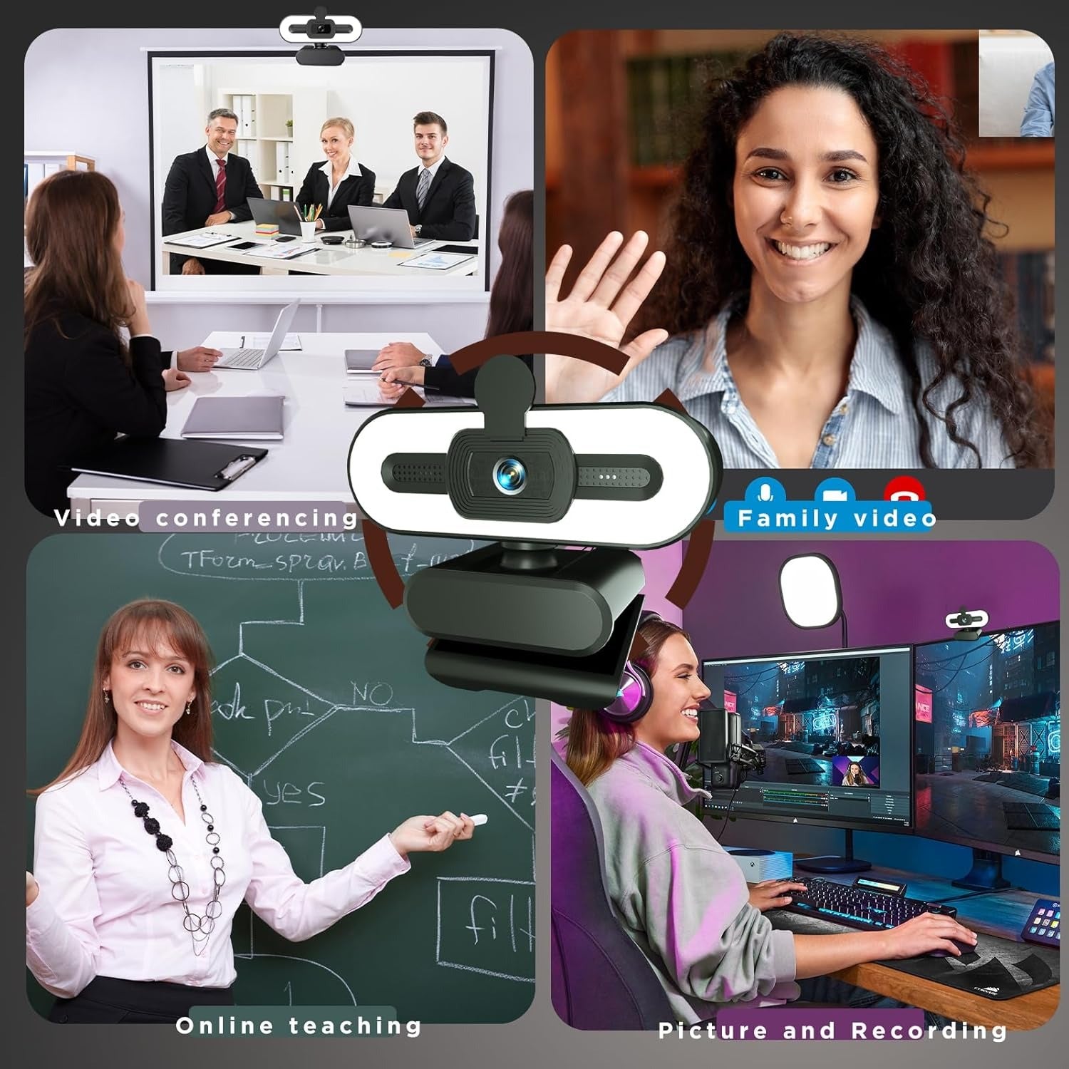 2K Webcam for PC – Adjustable FOV Zoom Privacy Cover USB Plug & Play