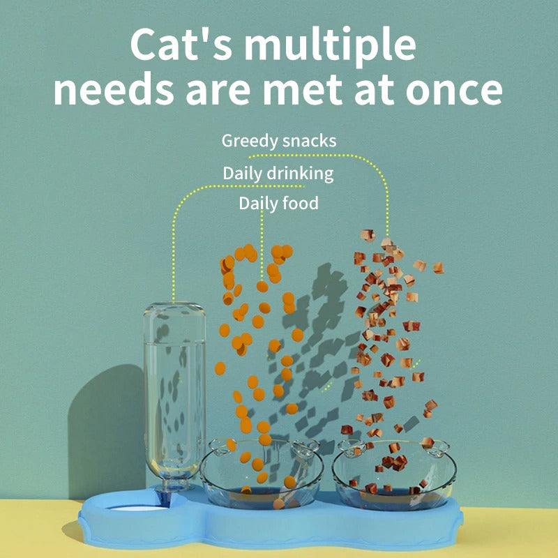 Cat Food Bowls : Cat Double Feeding Bowl With Automatic Waterer Bottle 3 in 1 - SKINMOZ MARKET