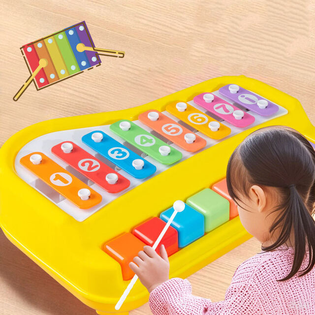 2-in-1 Xylophone & Piano – 8 Keys with Hammer and Song Cards for Kids