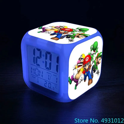 Anime Sonic & Mario Bros Figure Model LED Alarm Clock: 7-Color Touch Light Desk Watch